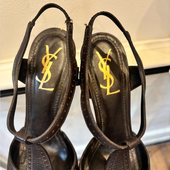 YSL Yves Saint Laurent Platform Stiletto Heels Brown Leather Size 38 Open Toe - Picture 4 of 10